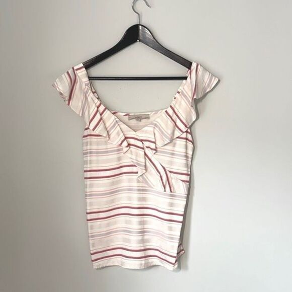 LOFT Women's Striped Ruffle Blouse Flutter Sleeve Rayon Pink‎ Size Small Petite - Picture 1 of 8